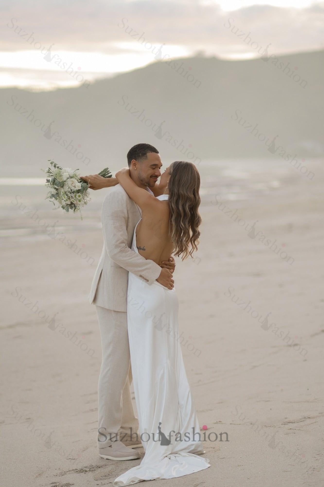 High Neck Beach Wedding Dress Mermaid Backless Boho Bridal Gown