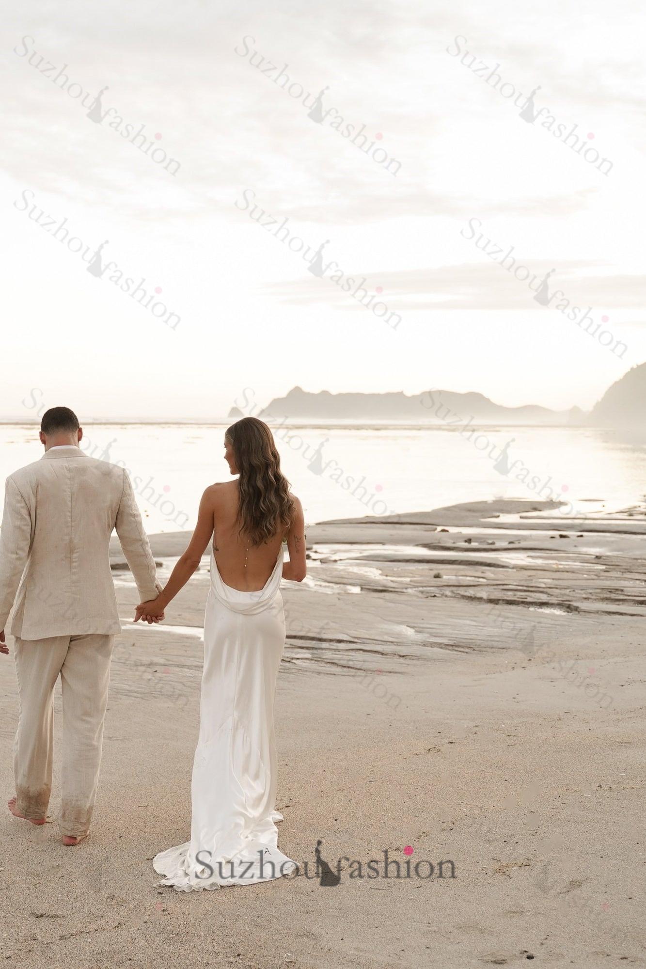 High Neck Beach Wedding Dress Mermaid Backless Boho Bridal Gown