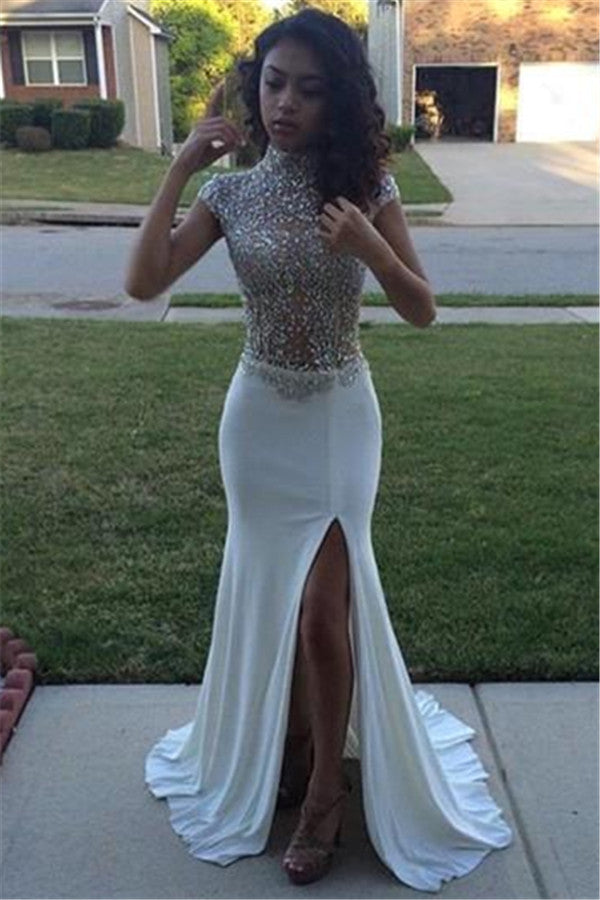 High Neck Beading Sequins Prom Dresses Cap Sleeves Front Split Evening Gowns BA5088