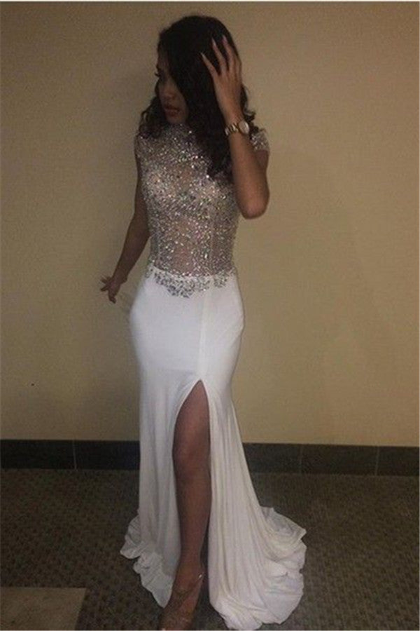 High Neck Beading Sequins Prom Dresses Cap Sleeves Front Split Evening Gowns BA5088
