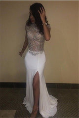 High Neck Beading Sequins Prom Dresses Cap Sleeves Front Split Evening Gowns BA5088
