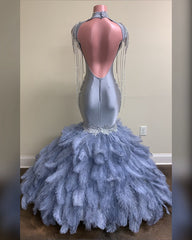 High Neck Beads Appliques Feather Prom dresses | Gorgeous Mermaid Open Back Evening Gowns