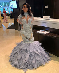 High Neck Beads Appliques Feather Prom dresses | Gorgeous Mermaid Open Back Evening Gowns