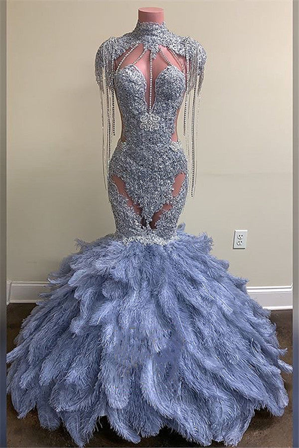 High Neck Beads Appliques Feather Prom dresses | Gorgeous Mermaid Open Back Evening Gowns