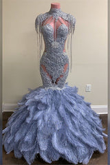 High Neck Beads Appliques Feather Prom dresses | Gorgeous Mermaid Open Back Evening Gowns