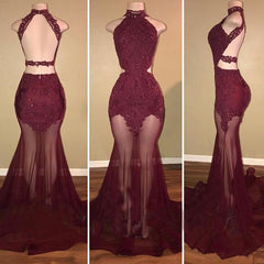 High Neck Burgundy Lace Sexy Prom Dresses Open Back Sheer Tulle Long Evening Dress BA7713