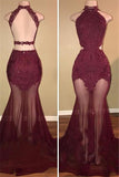 High Neck Burgundy Lace Sexy Prom Dresses Open Back Sheer Tulle Long Evening Dress BA7713