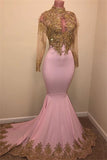High Neck Gold Appliques Prom Dresses | Mermaid Sheer Tulle Long Sleeve Evening Gowns