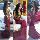 High Neck Gold Appliques Sexy Prom Dress | Open Back Sheath Burgundy Evening Dress with Keyhole FB0342