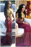 High Neck Gold Appliques Sexy Prom Dress | Open Back Sheath Burgundy Evening Dress with Keyhole FB0342