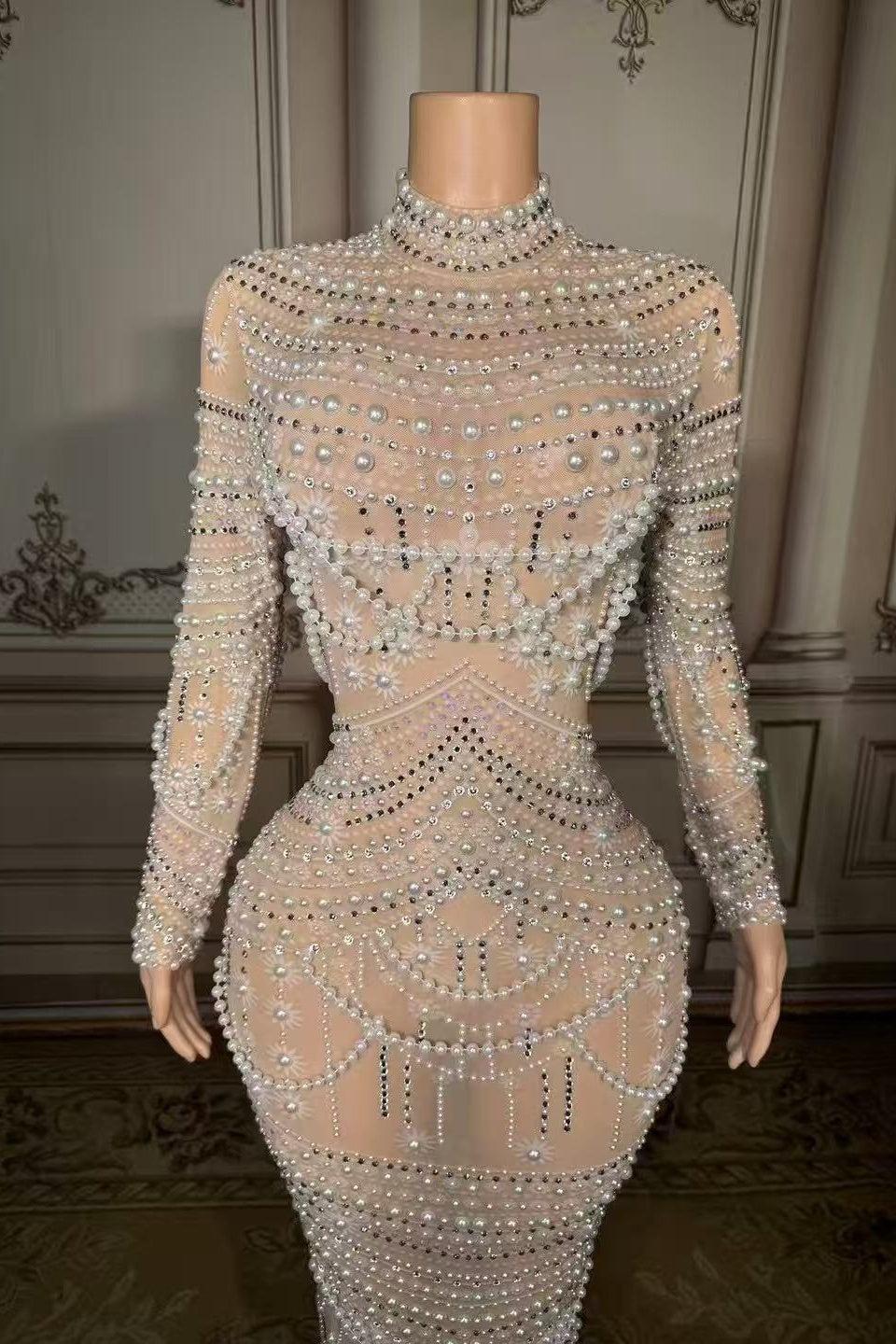 High Neck Long Sleeve Formal Dress Pearl Mermaid Prom Evening Dress