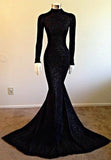 High Neck Long Sleeve Full Lace Evening Gown Mermaid Amazing Prom Dress MQ0040 BA5158