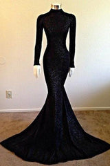 High Neck Long Sleeve Full Lace Evening Gown Mermaid Amazing Prom Dress MQ0040 BA5158