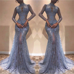 High Neck Long Sleeve Lavender Lace Prom Dresses Sexy Sheath Gorgeous Evening Gown BA7961