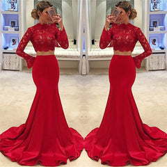 High Neck Long Sleeve Two Piece Prom Dresses Mermaid Lace Formal Evening Gown