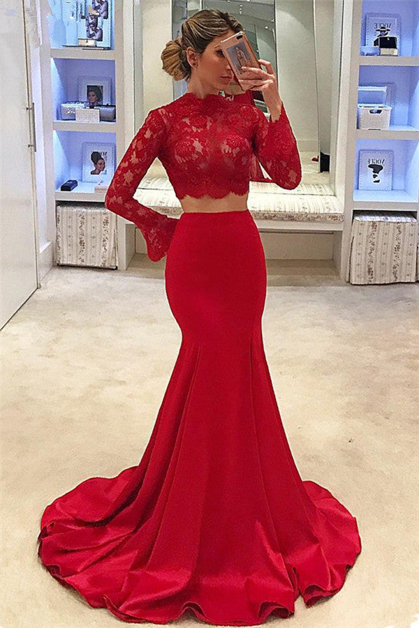 High Neck Long Sleeve Two Piece Prom Dresses Mermaid Lace Formal Evening Gown
