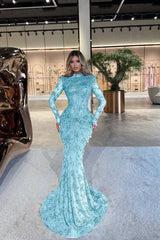 High Neck Long Sleeves Long Mermaid Evening Formal Dress With Beading Pleated