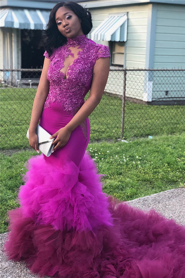 High Neck Mermaid Beads Appliques Prom Dresses | Sheer Tulle Ruffles Train Evening Gowns