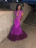 High Neck Mermaid Ruffles Prom Dresses | Cap Sleeve Lace Sexy Sheer Graduation Dress FB0358