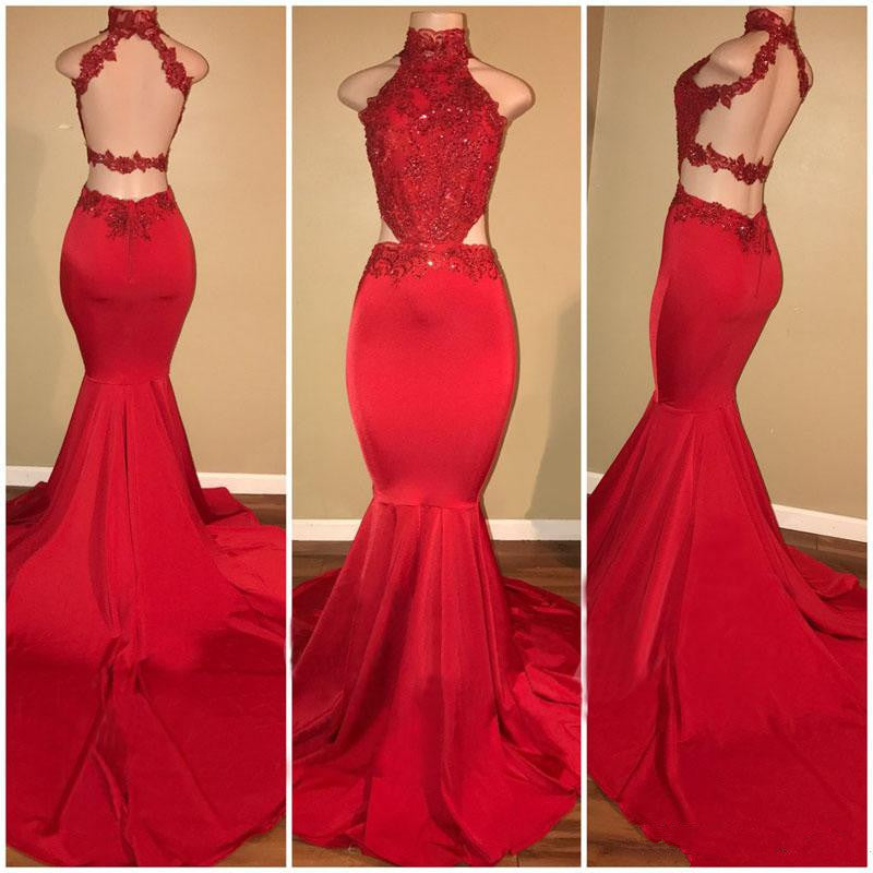 High Neck Open Back Sexy Prom Dresses | Mermaid Sleeveless Red Long Evening Dress