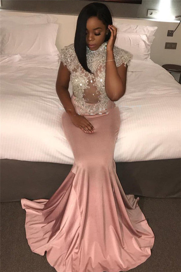 High Neck Pink Mermaid Prom Dress Shiny Beaded Sequins Cap Sleeves Evening Gowns BA5558