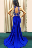 High Neck Royal Blue Two Piece Prom Dress Mermaid Sleeveless Beaded Evening Dresses