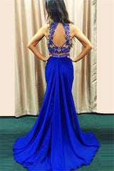 High Neck Royal Blue Two Piece Prom Dress Mermaid Sleeveless Beaded Evening Dresses