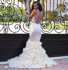High Neck Ruffles Beads Open Back Prom Dress Sexy | See Through Mermaid Gorgeous Graduation Dress