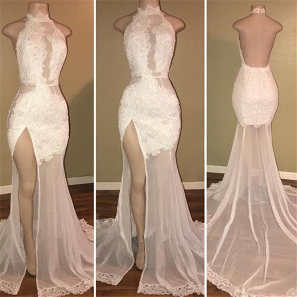 High Neck Sexy Side Slit Lace Prom Dresses Backless Sheer Tulle Evening Gown BA8228