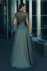 High Neck Short Sleeves Long Evening Formal Dress With Beading Pockets