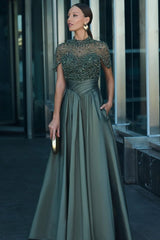 High Neck Short Sleeves Long Evening Formal Dress With Beading Pockets