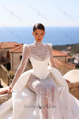 High Neck Wedding Dress Mermaid Beaded Satin Bridal Gown with Panel Train