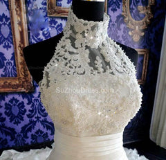 High Neck White Sheath Halter Organza Wedding Dresses Court Train Fitted Unique Plus Size Bridal Gowns with Beadings