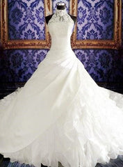 High Neck White Sheath Halter Organza Wedding Dresses Court Train Fitted Unique Plus Size Bridal Gowns with Beadings