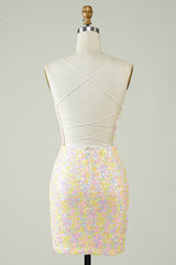 Homecoming Dress Spaghetti Straps Tight Prom Dress with Rainbow Sequin