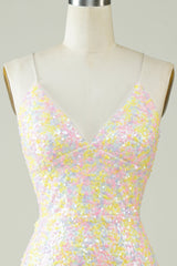 Homecoming Dress Spaghetti Straps Tight Prom Dress with Rainbow Sequin