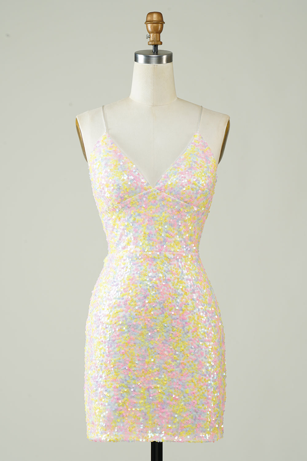 Homecoming Dress Spaghetti Straps Tight Prom Dress with Rainbow Sequin