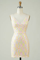 Homecoming Dress Spaghetti Straps Tight Prom Dress with Rainbow Sequin