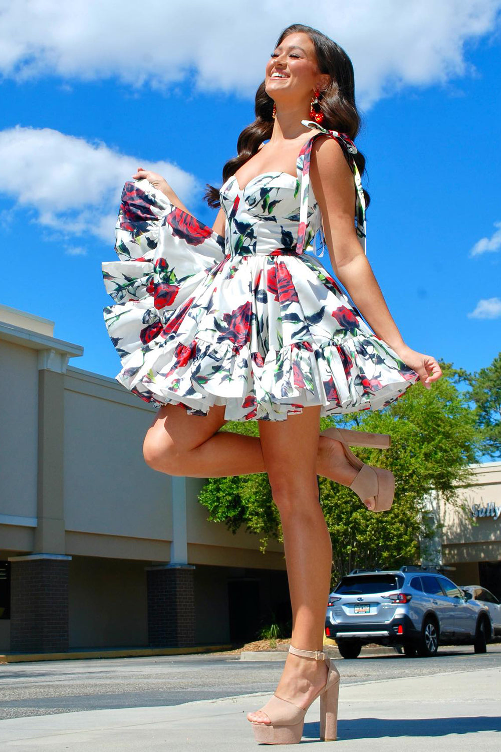 Homecoming Dresses A Line Ruffled Prom Dress With Printed Flower