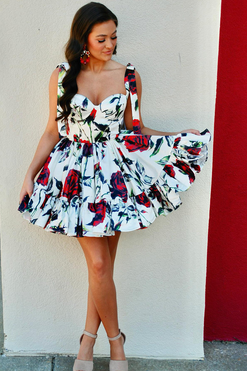 Homecoming Dresses A Line Ruffled Prom Dress With Printed Flower