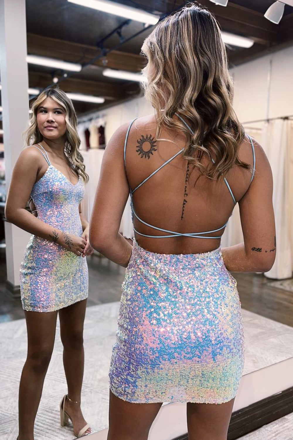 Homecoming Dresses Sequin Spaghetti Straps Criss-Cross Straps Back Tight Prom Dress