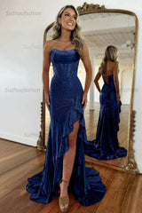 Hot Pink Beaded Prom Dress Corset Ruffled Strapless Formal Dress With Slit