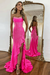 Hot Pink Beaded Prom Dress Corset Ruffled Strapless Formal Dress With Slit