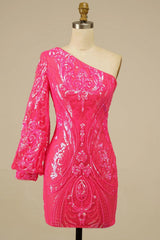 Hot Pink Homecoming Dress Beaded Sequin One Shoulder Tight Prom Dress