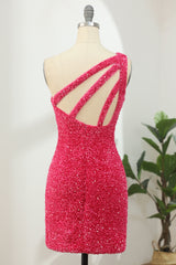 Hot Pink Homecoming Dress Open Sequin One Shoulder Tight Prom Dress