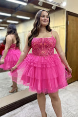 Hot Pink Homecoming Dresses A Line Spaghetti Straps Corset Short Cocktail Dresses