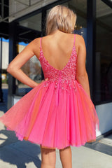 Hot Pink Homecoming Dresses A-Line Tulle Short Cocktail Dresses with Lace
