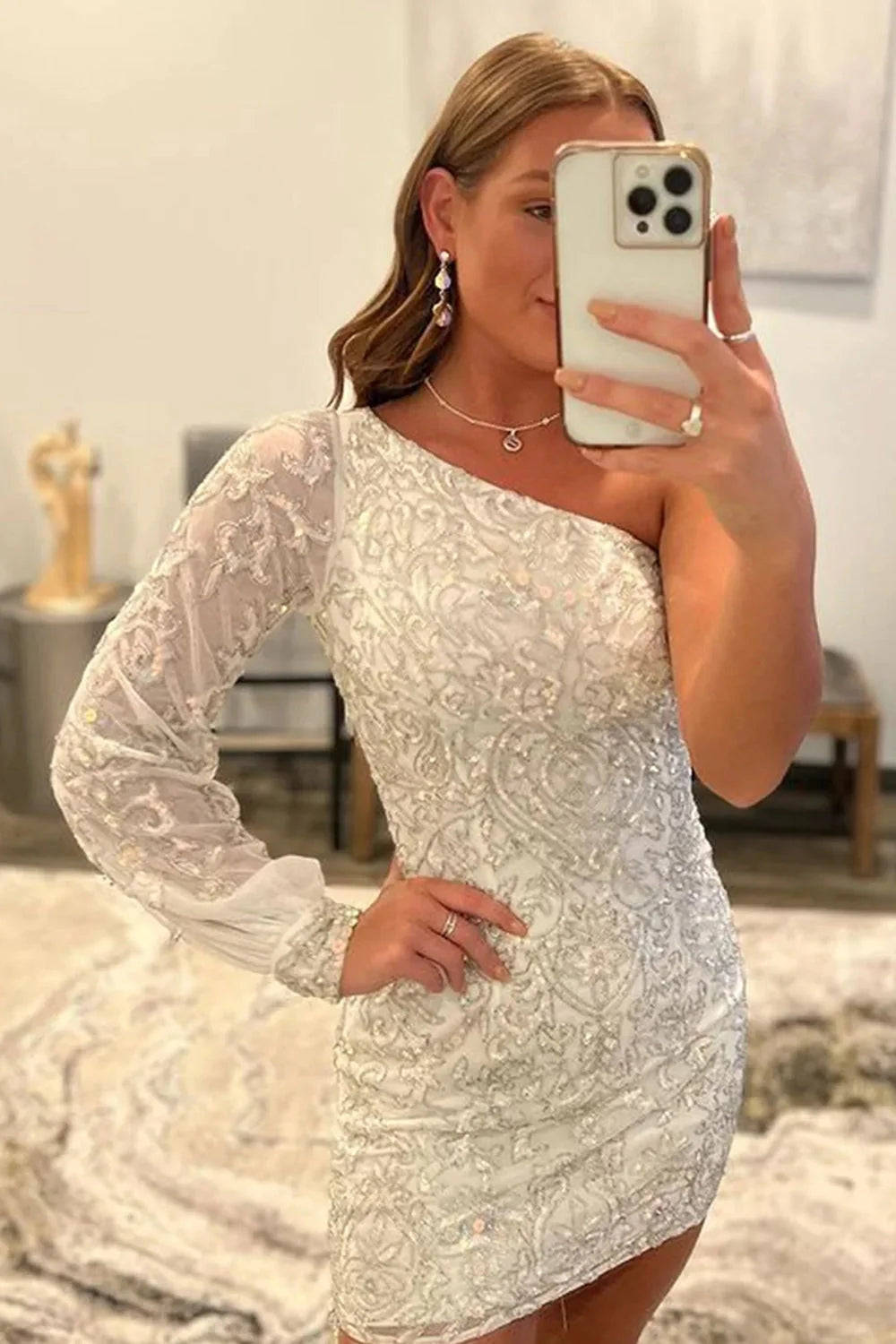 Hot Pink Homecoming Dresses Beaded Sequin One Shoulder Tight Prom Dress