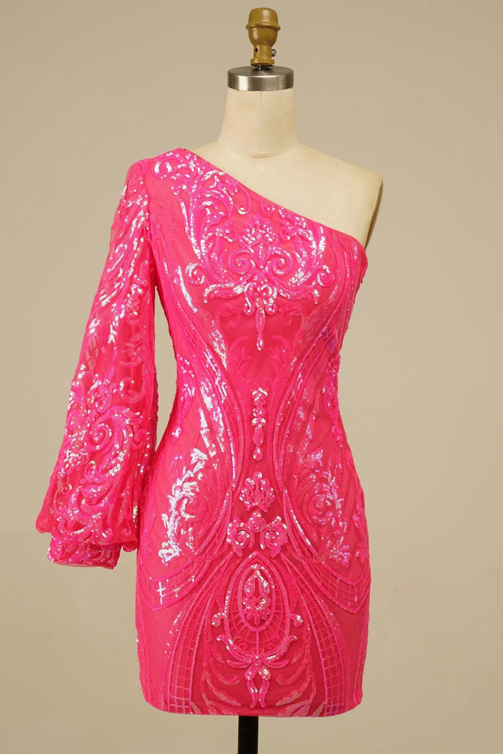 Hot Pink Homecoming Dresses Beaded Sequin One Shoulder Tight Prom Dress