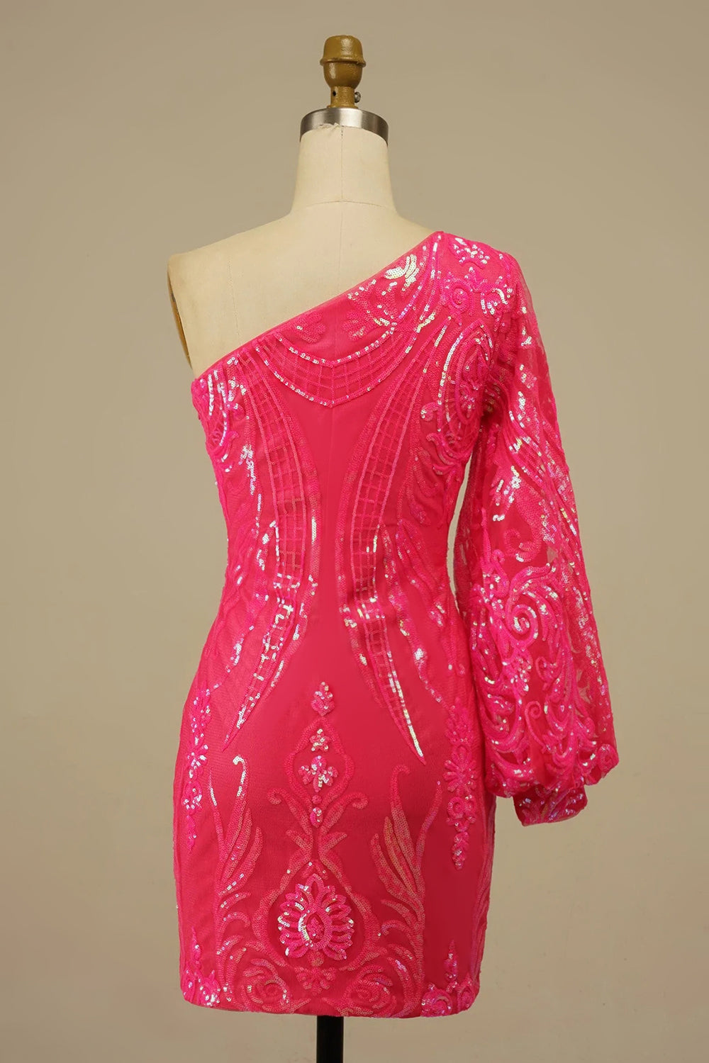 Hot Pink Homecoming Dresses Beaded Sequin One Shoulder Tight Prom Dress